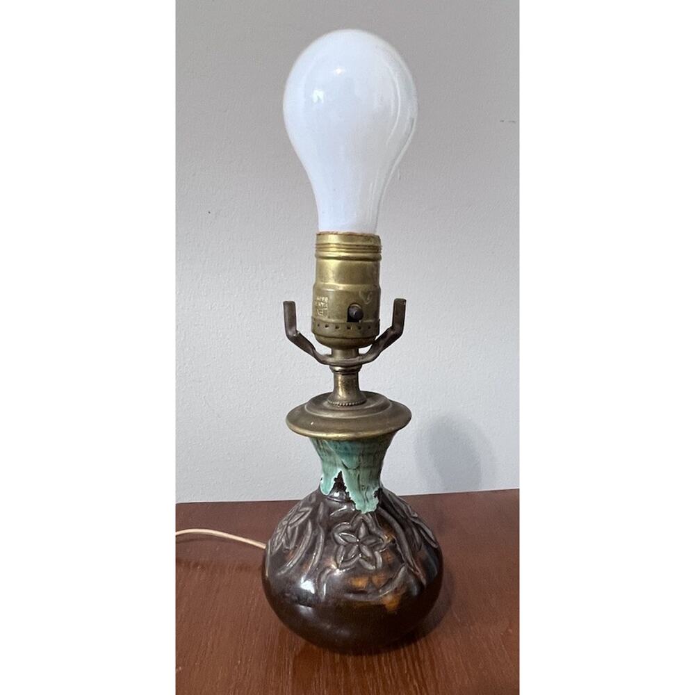 Van Briggle MCM Art Pottery Lamp Brown Turquoise Drip Glaze Floral Signed Stamp